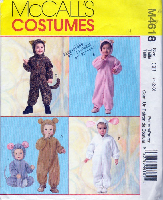 Toddlers Animals Costume Sewing Pattern , Fleece Animals for children Size 1,2 and 3, McCalls 4618, Loose Fitting Jumpsuit with Hood