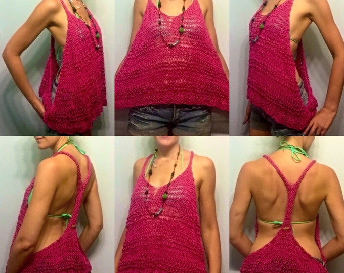 Hot Neon Pink Loose Knit Racer Back Boho Summer Tank Top and Beach Cover in 100% Cotton, Hand Knit Oversized Summer Blouse