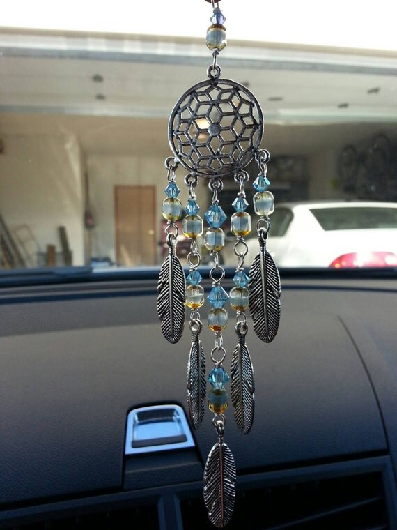 Aquamarine Dream Catcher Rear View Mirror by Mygardenofbeaden