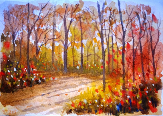 Autumn Scene Original Watercolor Landsacape Painting Originla