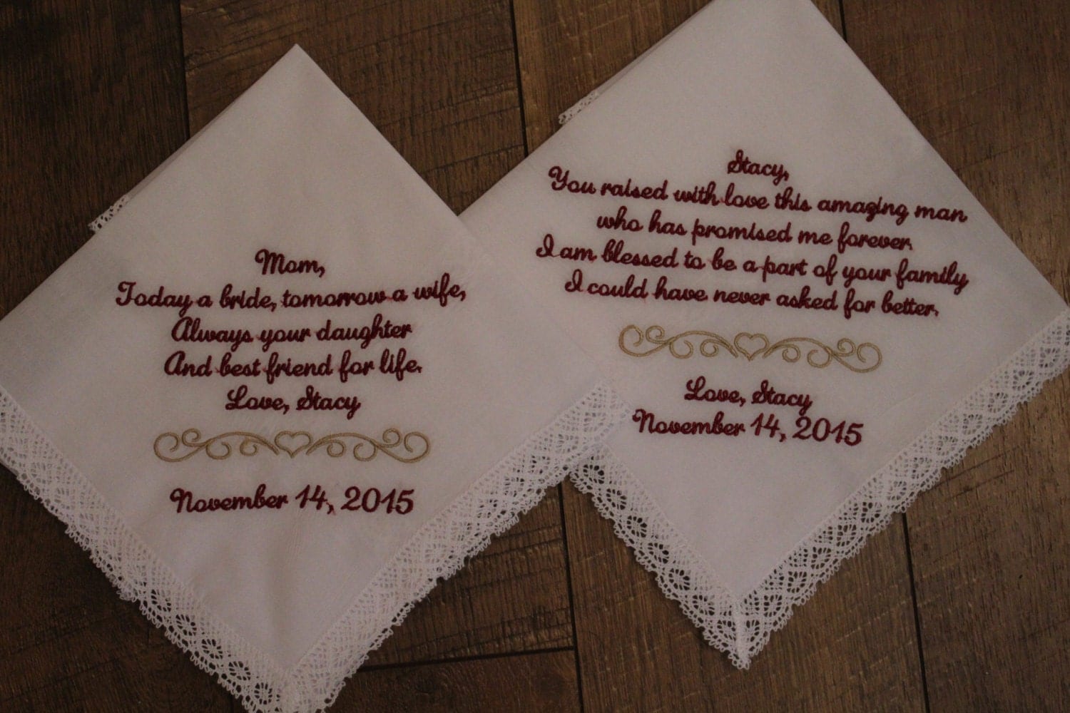 Set of two custom wedding handkerchiefs mother of the bride