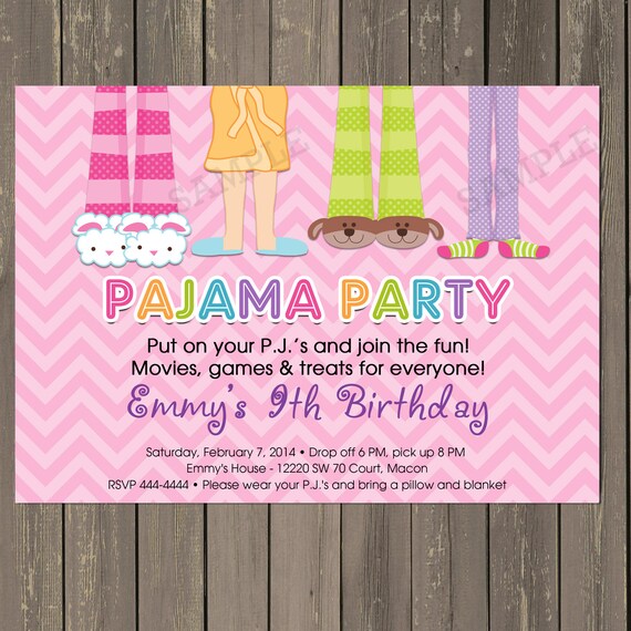 Pajama Party Sleepover Birthday Party Invitation in Pink Chevron, Pj Party Invitation, Slumber Party Invite, Printable or Printed Il_570xn