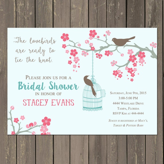 Bird Bridal Shower invitation, Lovebirds Bridal Shower Invitation, Teal and Pink Rustic Bridal Shower Invite, Printable or Printed Il_570xn