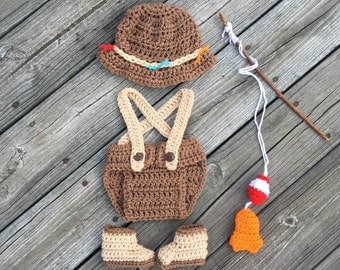 Crochet Newborn Fishing Outfit Fly Fishing Hat Fishing Hat Newborn Boy Hat Fisherman outfit Newborn Boy outfit Handmade Baby Boy Fishing