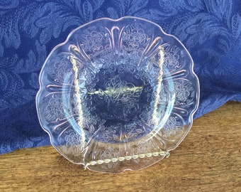 Pink Depression glass plate, 6", vintage, cherries, cherry blossom design