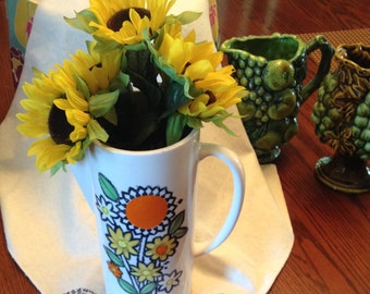 Free Shipping Mod Vintage White Ceramic Pitcher 1960's Orange Yellow White Flowers Mid-Century