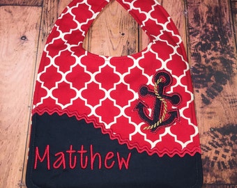 Personalized Bib, - Monogrammed Reversible Baby Bib, Anchor Baby Bib, - Nautical Baby Bib, - Baby Shower Gift