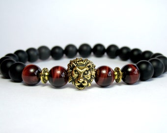 Mens Lion Bracelet, Red Tiger Eye Bracelet, Onyx Bracelet, Stretch Bracelet, Gemstone Bracelet, Mens Beaded Bracelet