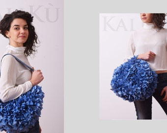 Blue serenity taffeta woven bag with handles and shoulder strap