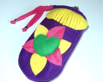 Purple pink yellow and green sunglasses case pouch bag soft fleece fabric drawstring flower design fringe multipurpose bag for women girls