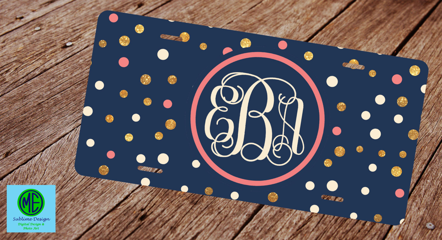 Monogram License Plate. License Plate Frame. Front Plate Blue & Gold Dots Monongram License Plate. Monogram Car Tag. Personalized Car Tag.