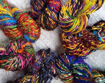 Handspun Silk Art Yarn,Multicolour, Vibrant Recycled Sari Silk (From New Fabric) 'Harlequin' (Fine) 100 grams approx 110 yards / 100 metres