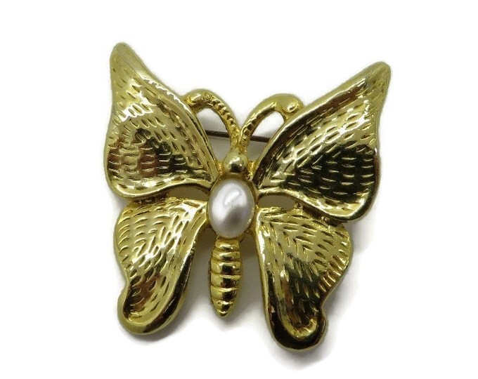 Vintage SFJ Butterfly Brooch, Gold Tone Faux Pearl Pin, Designer Signed Gift Idea