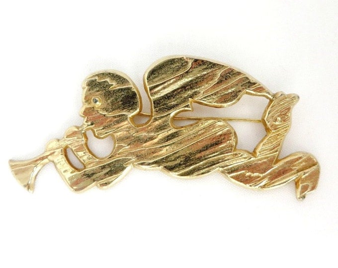 Vintage Brooch - Castle Cliff Flying Angel Brooch, Gold Tone Angel with Horn Pin, Christmas Gift