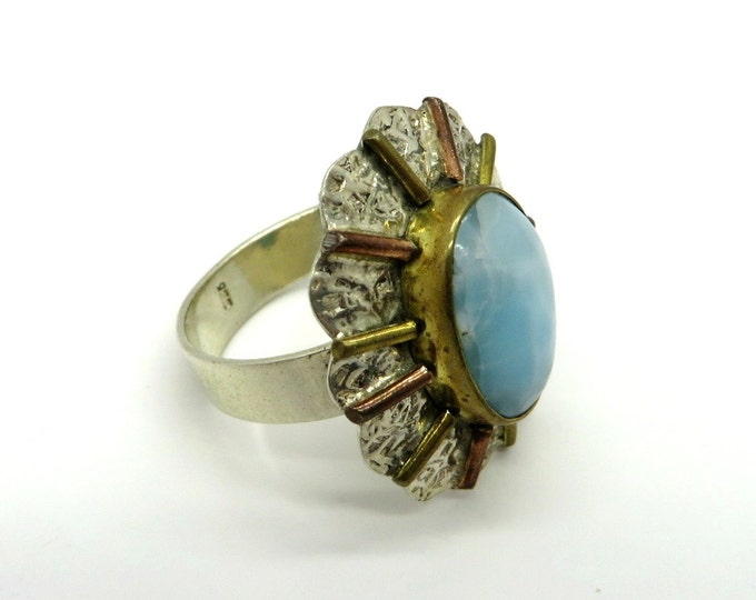 ON SALE! Faux Turquoise Ring, Vintage Sterling Silver Blue Stone Ring, Gold Tone Accent Flower Ring, Costume Jewelry, Gift for Her, Size 8