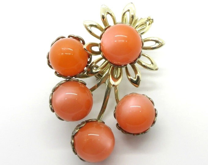 Orange Gold Tone Flower Brooch Vintage Moonglow Pin Coral-Orange Lucite Bouquet Brooch