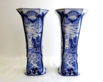 Antique Pair Delft Vases, Signed, Blue and White, Mint Condition, 19th century