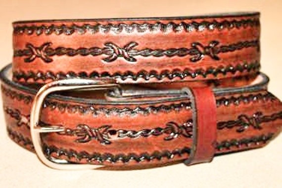 Name Belt Tooled Barb Wire Genuine Leather Belt Handmade
