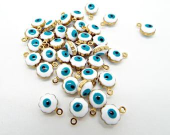20/50 Evil Eye Charms, Enamel Eye Charms, 9mm Metal Charms, Double Sided, Gold Tone Brass, Tiny Charms, Blue Eyes, Jewelry Charm, UK Seller