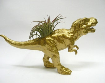 Gold T-Rex Dinosaur Planter with Air Plant // Coworker Gift // For Her // For Him