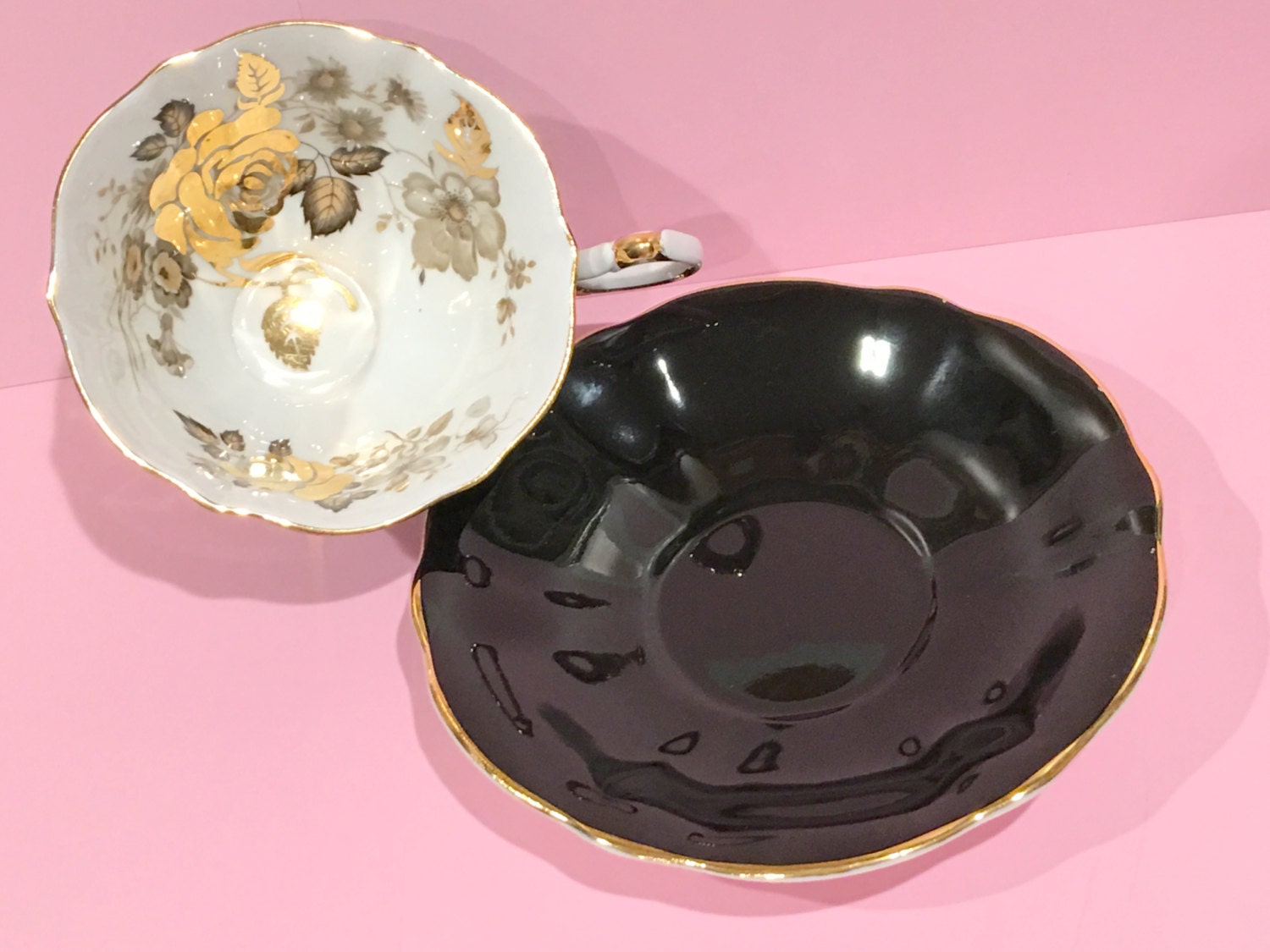 Black Gold Tea Cup and Saucer, Queen Anne Tea Set, Black Gold Cups, Antique Tea Cups, Bone China