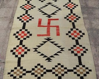 antique Native American Navajo Wool Rug w/Whirling log symbol c.1910