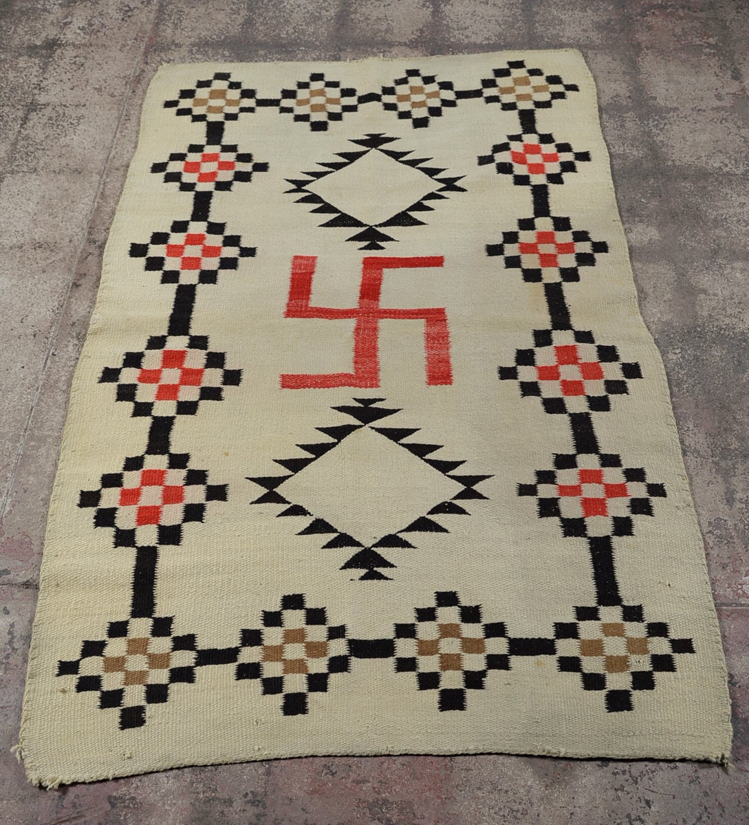 antique Native American Navajo Wool Rug w/Whirling log symbol