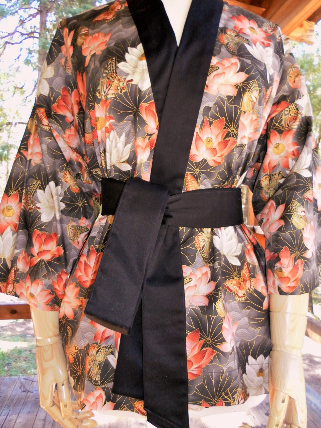 Happi Coat Hip Length Kimono Jacket with pockets LOTUS WITH