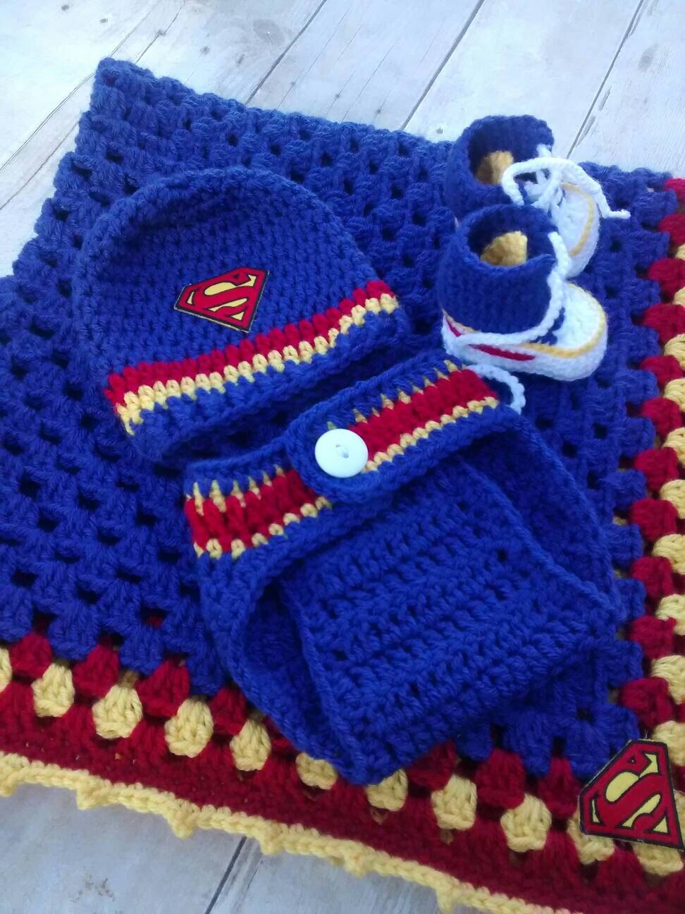 Superman inspired blanket crochet hat diaper cover shoes