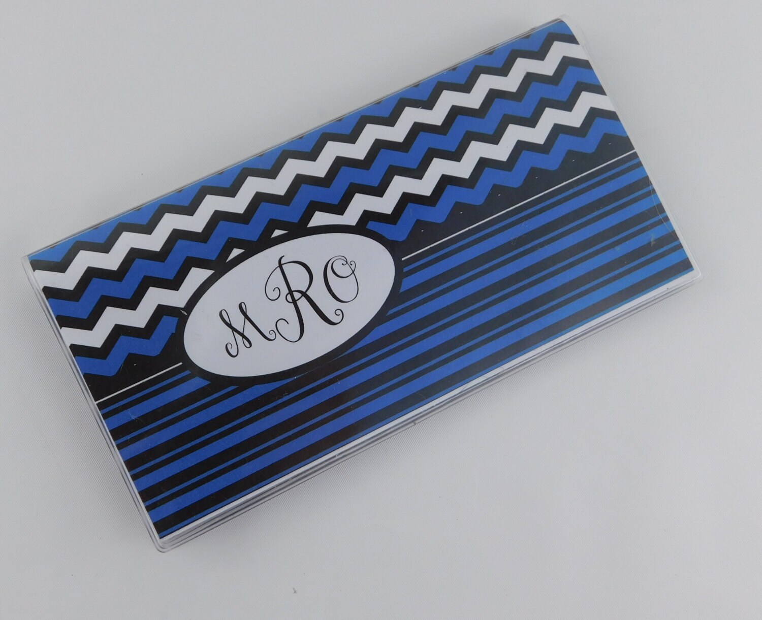 Checkbook cover register folder Black Blue Chevron vinyl