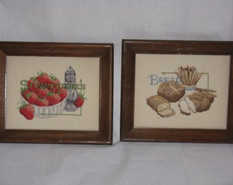 Pair of vintage framed needlepoint pictures smalls bread strawberries kitchen decor