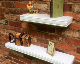 Floating wall shelves, White Wall Shelves, Semi gloss white 30"x6" and 18"x6"(pictured), Double Beaded decorative edge, Select options