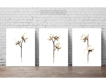 Cotton Painting Shabby Chic Decor, White Brown Minimalist Flower Watercolor Fine Art Print, Floral Wall Decor Cotton Bolls Rustic Decoration