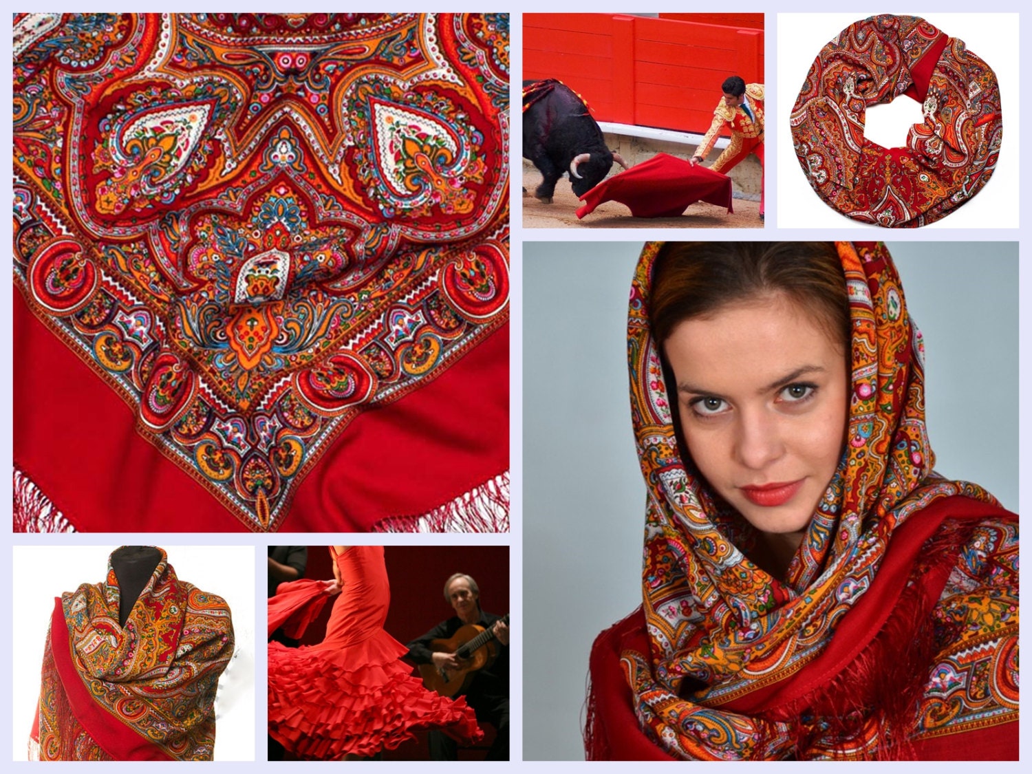 Russian Shawl Pavlovo Posad red Wool oversized Vintage