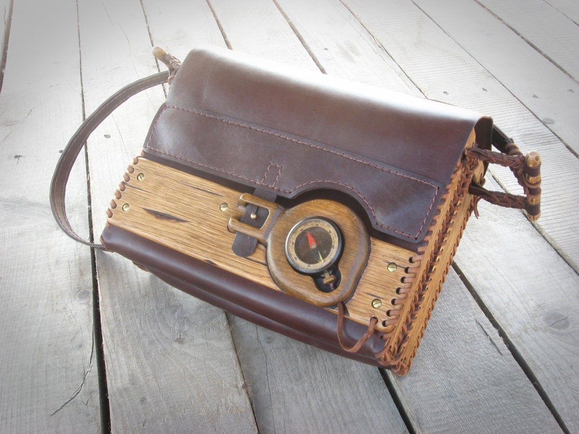 Unique handmade leather wood shoulder bag with an antique