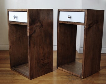 Pair of Nightstands, Set of 2 Side Tables, End Tables made from Reclaimed Wood with color drawer made with plywood- Walnut