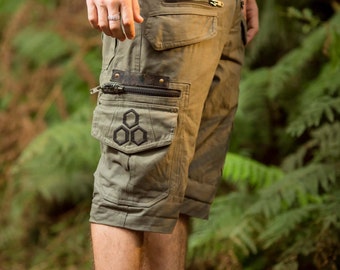 Touching Sounds Shorts (Olive Green) - Men Loose Shorts Pants Goa Stylish Psytrance Thick Fabric Party Comfortable