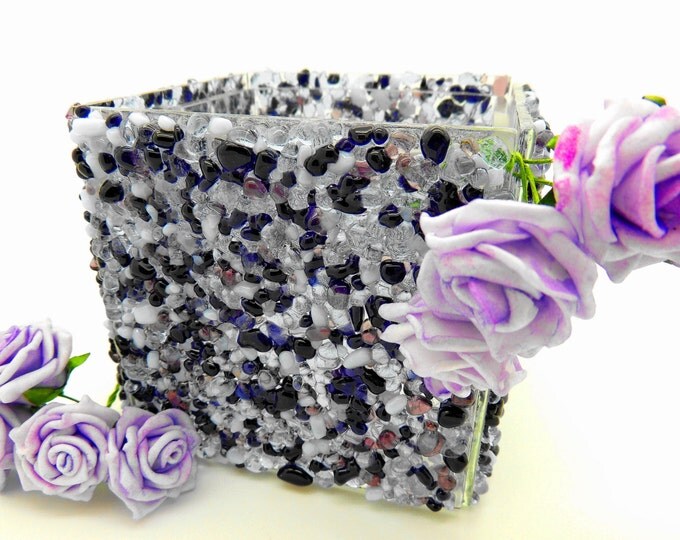 Purple lilac translucent fused glass LED, candle tealight holder, planter cuttlery napkin holder. Ornamental gift. Wedding anniversary ideas