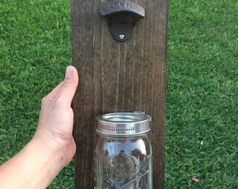 Bottle opener, mason jar bottle opener, beer cap catcher, Groomsman gift, bottle opener, gift for him, man cave decor, mason jar wall mount