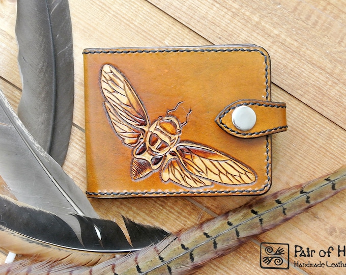 leather wallet cicada tan/ tooling leather/ handmade