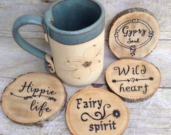 Coasters, Boho Coasters, Wood Coaster Set, Hippie Life, Gypsy Soul, Fairy Spirit, Wild Heart, Boho style, Custom coasters, Housewarming gift