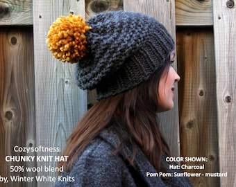 Chunky knit hat, COZY WOODS HAT, pom pom knit hat, Knit winter hat, hand knit beanie hat, Chunky knit beanie, wool hat