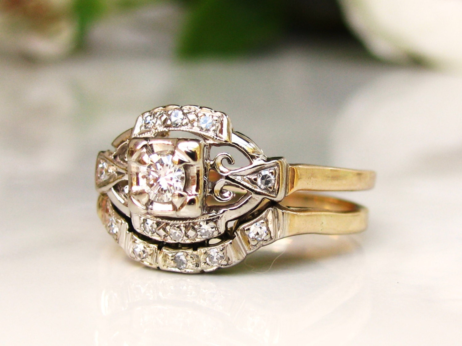 Art Deco Engagement Ring Set 0.41ctw Diamond Bridal Set 14K
