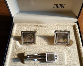 Swank cufflinks abalone shell and tie bar set in box -paua sheĺl . weddings groomsmen-mod-birthday gift.gift for him