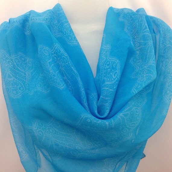 Sky Blue Silver Silk Shawl Powder Blue silk scarf Birthday