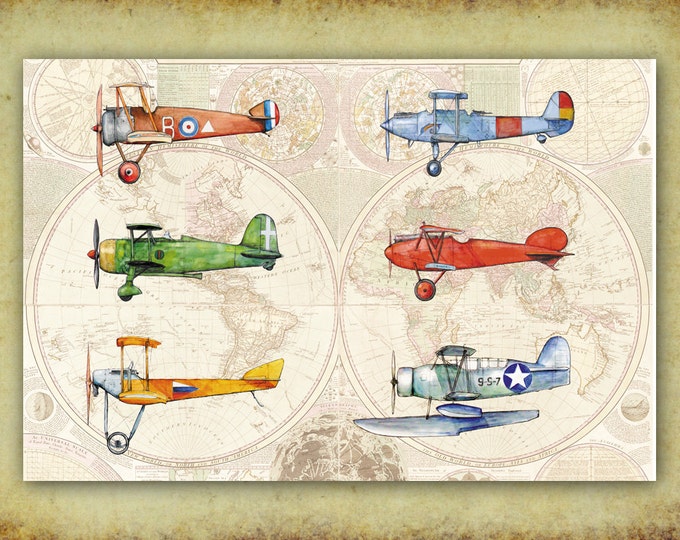 Airplane World map print Vintage airplane decor Aircraft poster Boy's art Airplane painting Aviation art Boy's nursery wall art