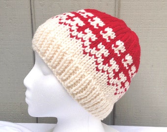Knit Fair Isle hat - Red knitted hat - Chunky wool blend hat - Womens beanie - Womens knit hat