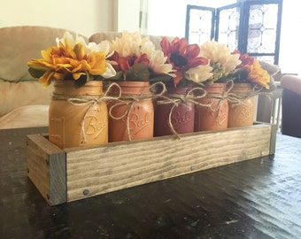 Mason jar centerpiece, farmhouse decor, fall decor, thanksgiving decor, mason jar decor, fall centerpiece, reclaimed wood