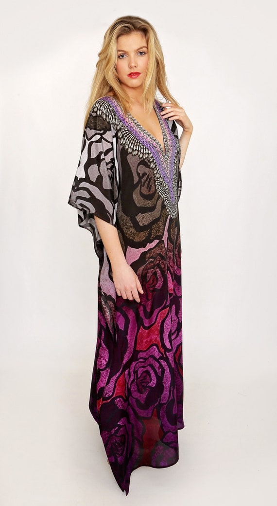 Nena Rose Print Silk Maxi Kaftan 