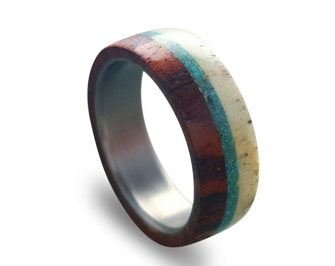 Deer Antler and Cocobolo Wood Ring, Titanium Ring with Turquoise Inlay